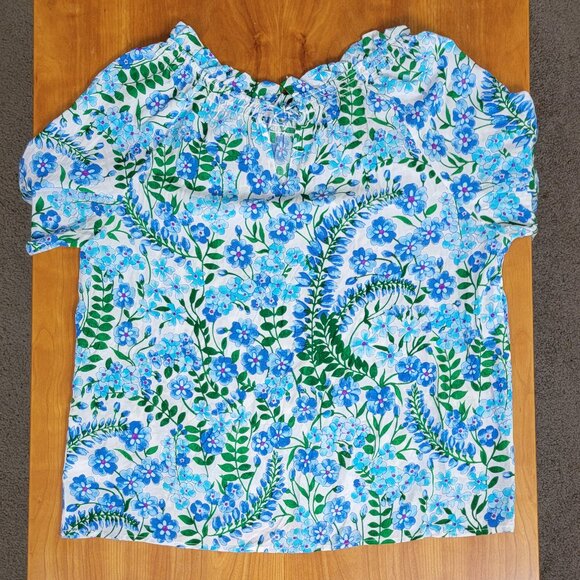 Talbots Blue Climbing Floral Popover Smocked Blouse - L - Picture 7 of 13
